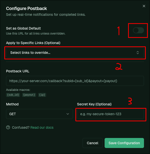 Postback Modal Configuration